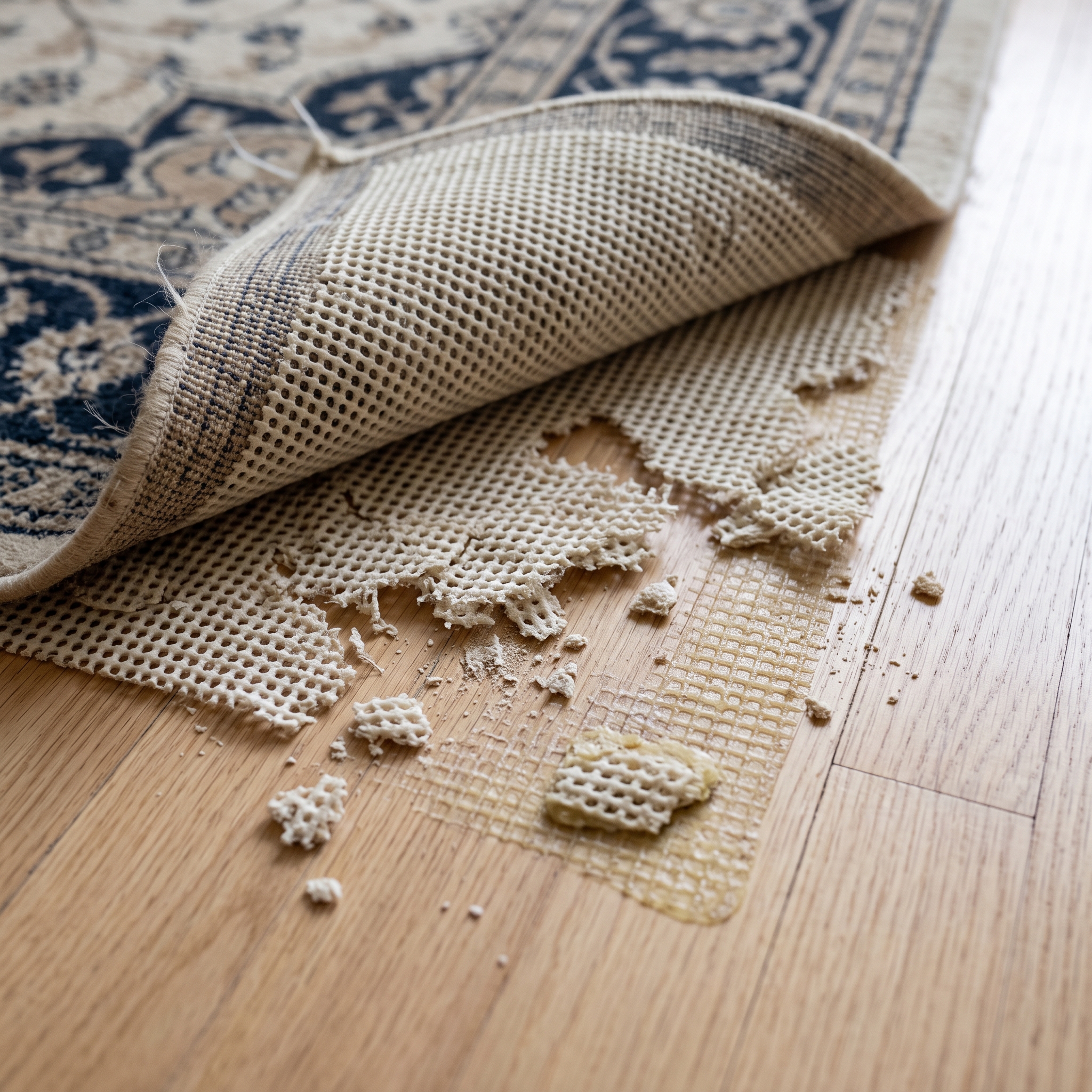 Cheap PVC waffle rug pad crumbling into sticky pieces under a lifted rug, leaving grid residue on the floor